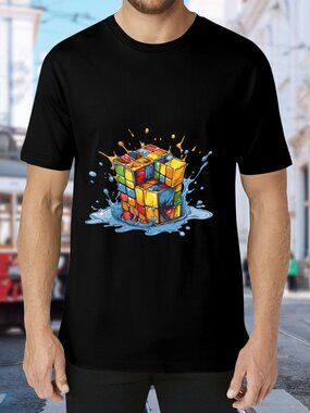 Black Short Sleeve Tee with Colorful Rubik Cube Print